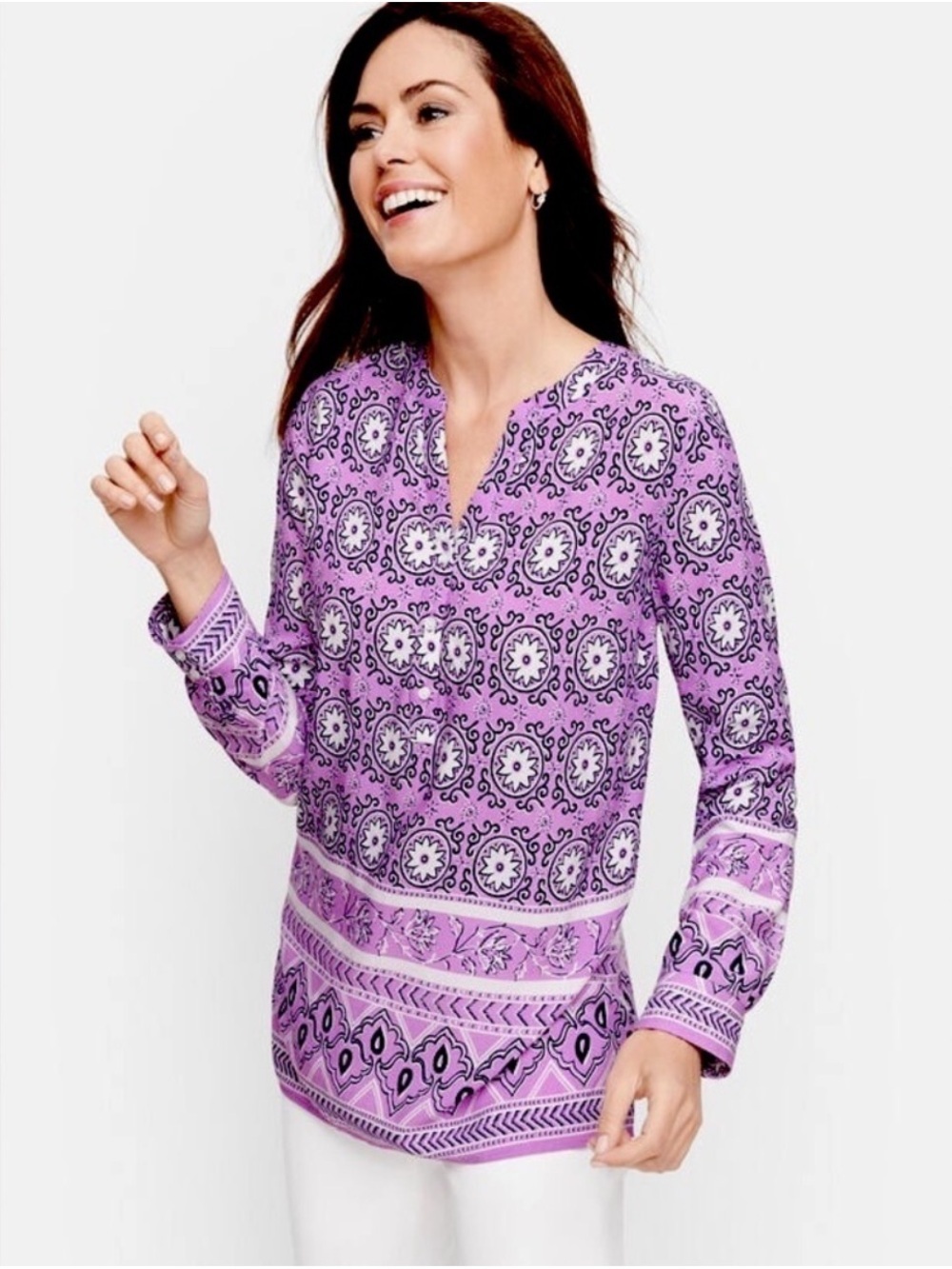 Talbots Lavender Medallion Geo Floral  Rayon Tunic Top Split Neck Small Petite